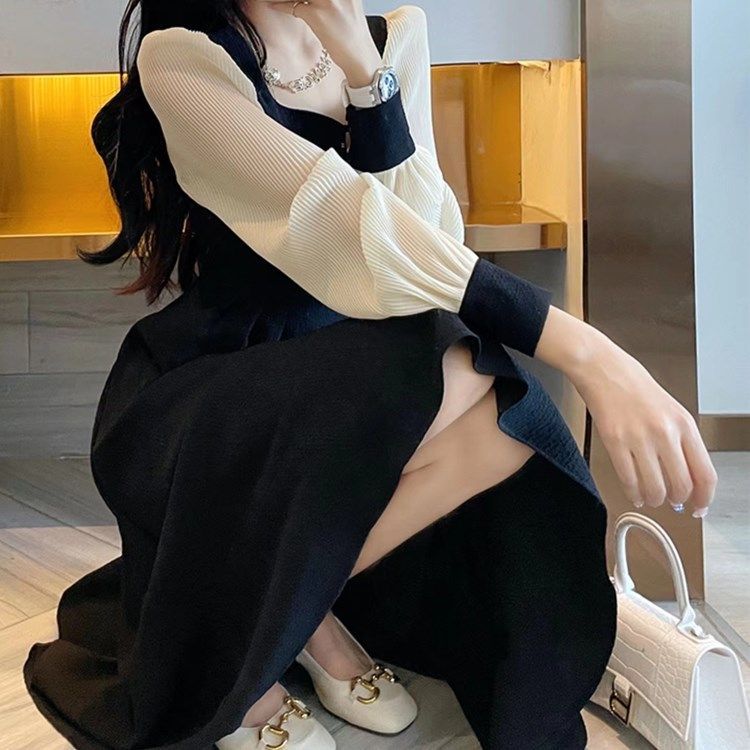 黑色連衣裙女春秋季裝新款大碼胖mm長袖法式顯瘦氣質赫本風中長裙