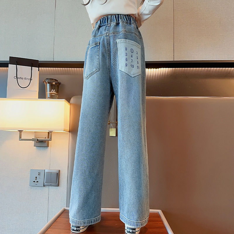 女童牛仔褲春秋款2023新款童裝寬鬆洋氣兒童闊腿褲女大童秋裝褲子