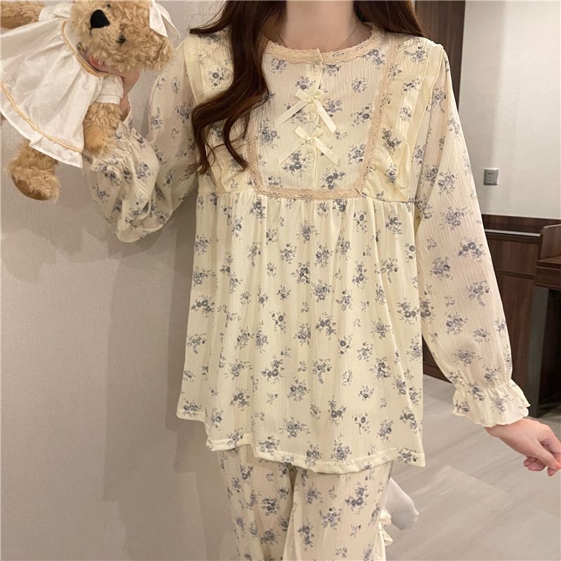 新款ins風簡約長袖睡衣女秋款2023年新款少女高級居家服長褲套裝