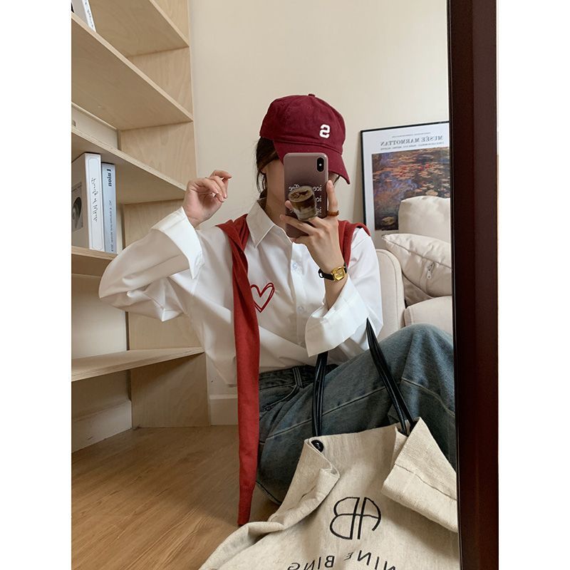 簡約愛心長袖襯衫2023秋季設計感疊穿內搭chic韓系寬鬆白色上衣女