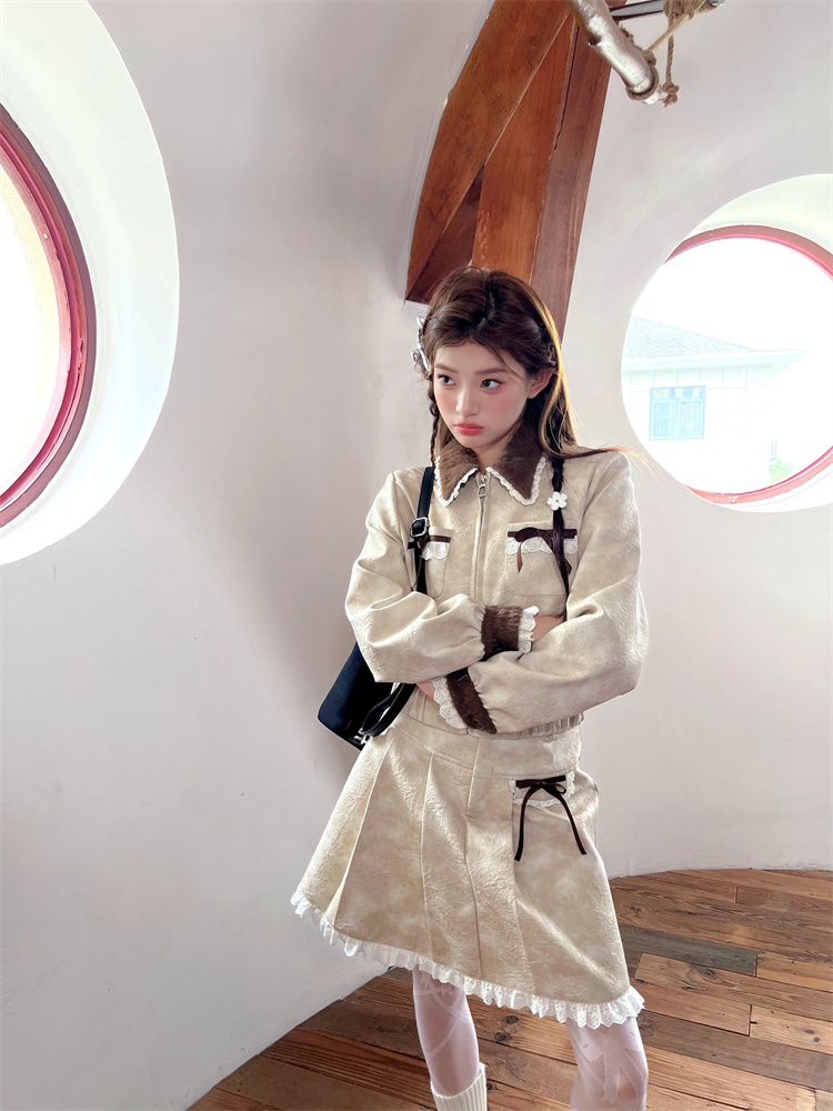 Melard Farbverlaufslederjacke für Damen, Herbstmantel im kleinen Stil, hoch taillierter, schlankmachender neuer Halbrock, zweiteilig_voghion.com
