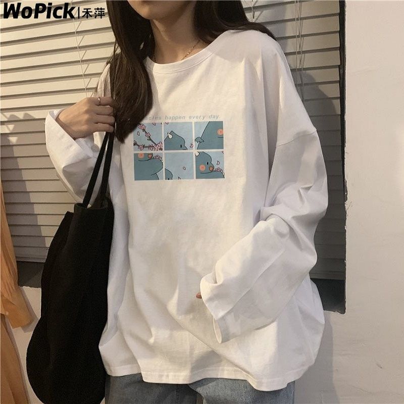長袖白色t恤女2023秋季新款學生韓版寬鬆卡通圓領內搭打底衫ins潮