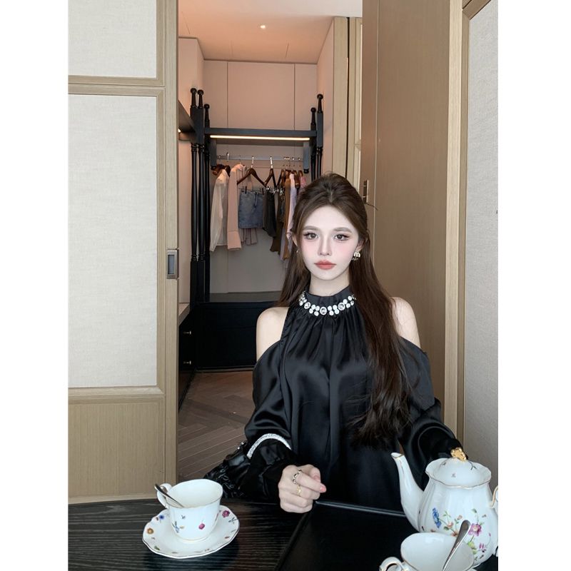 重工鑲鑽長袖露肩襯衫女裝2023秋季新款緞面高級設計感襯衣女ins