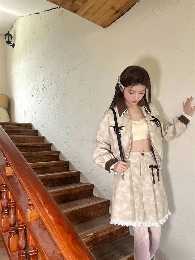 Melard Farbverlaufslederjacke für Damen, Herbstmantel im kleinen Stil, hoch taillierter, schlankmachender neuer Halbrock, zweiteilig_voghion.com