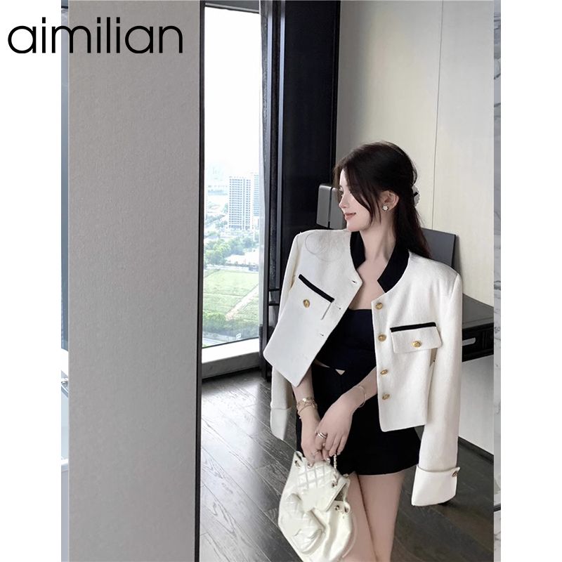 aimilian法式小香風高級感外套女春秋寬鬆設計感小眾短款長袖上衣