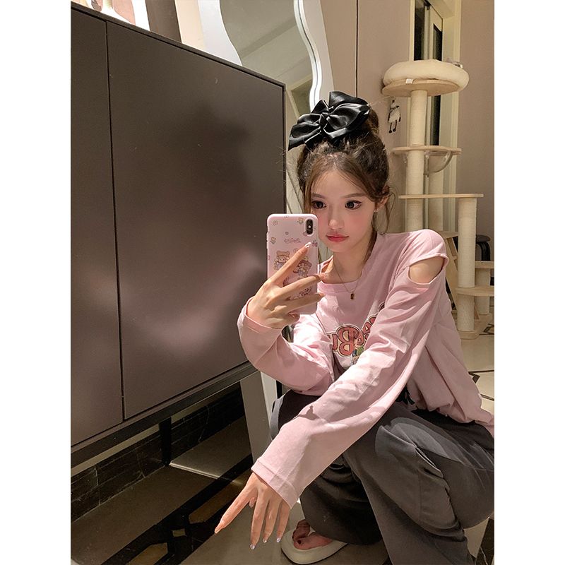 甜辣設計感ins新款露肩寬鬆印花柔綿長袖T恤女多巴胺寬鬆百搭上衣