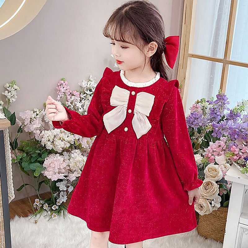 Xiaoxiangfeng princess dress cute little girl skirt autumn and winter new round neck bow dress