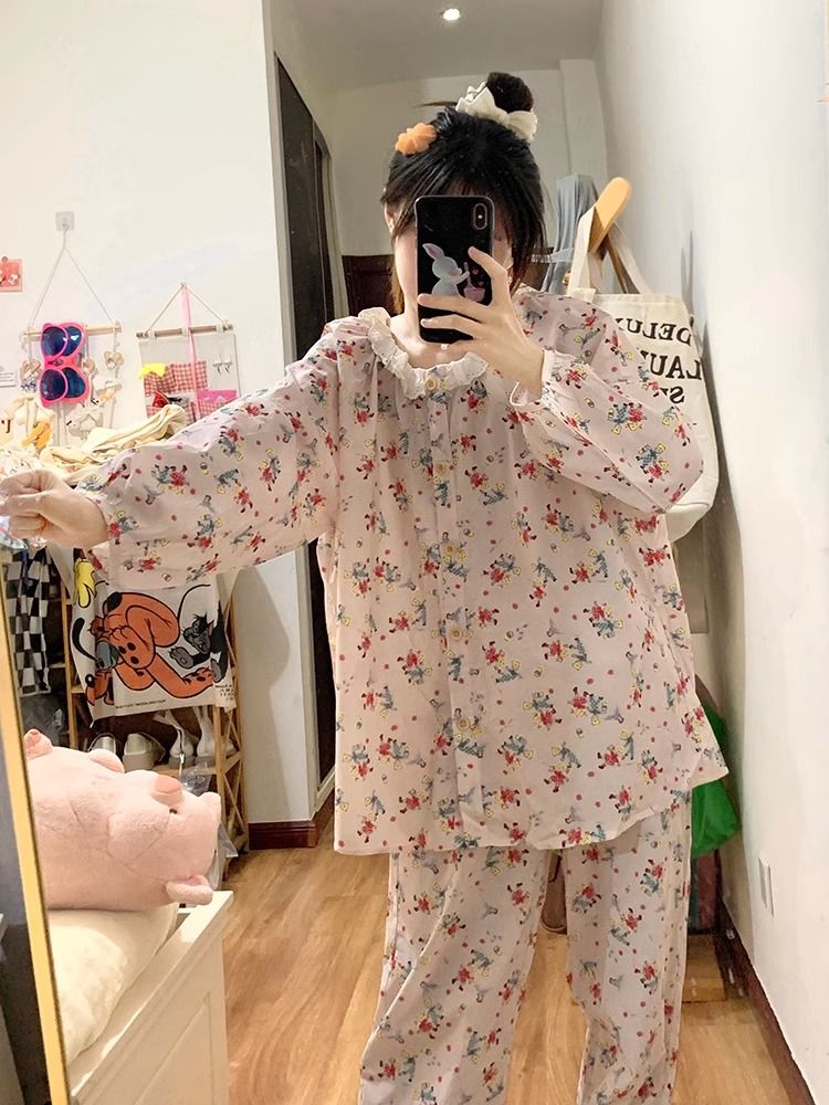 ins日系甜美碎花睡衣女春秋款網紅風長袖長袖簡約秋天家居服套裝