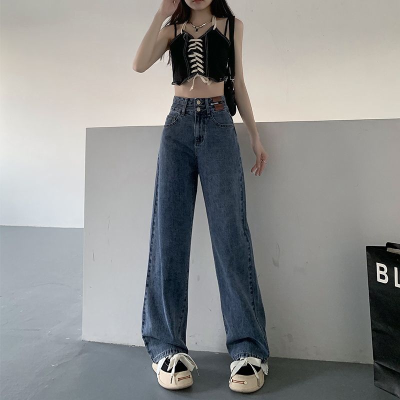 復古牛仔褲女秋季梨形身材遮胯褲子高腰顯瘦寬鬆直筒闊腿褲
