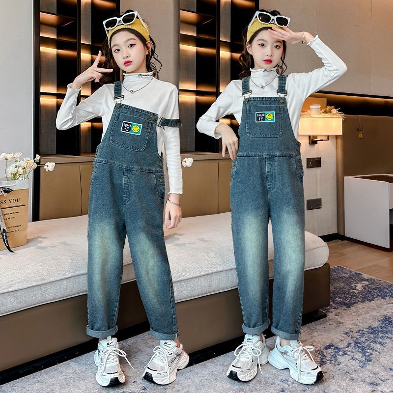 女童背帶褲春秋2023新款中大童洋氣秋季長褲子兒童時尚秋裝牛仔褲