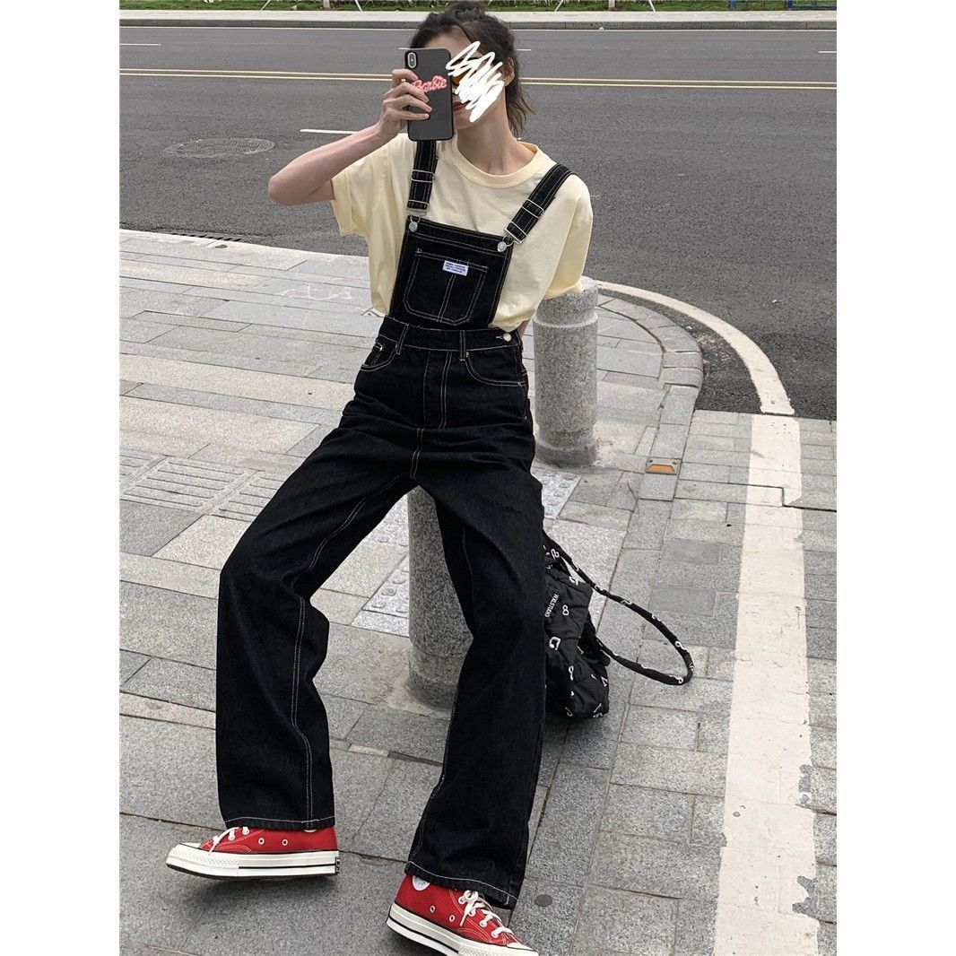 黑色牛仔背帶褲女2023新款秋春日系奶甜高腰顯瘦直筒闊腿連體褲子