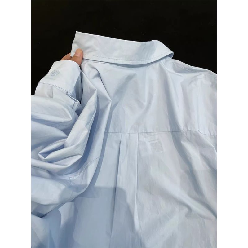 纯棉蓝色长袖衬衫女POLO领学院风秋季叠穿衬衣亲肤百搭设计感上衣