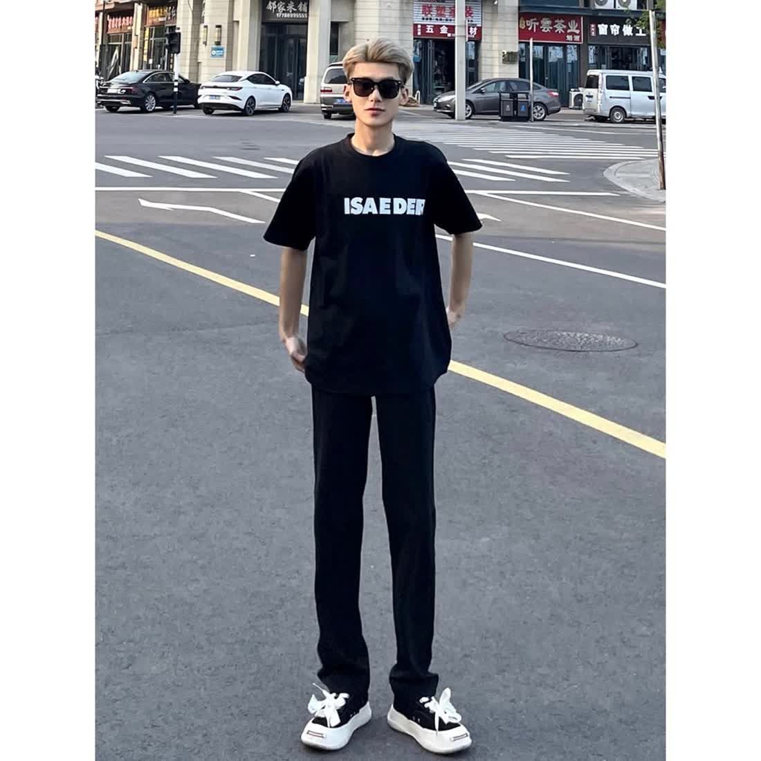 秋季美式高街純黑色直筒牛仔褲男網紅修身ins潮復古休閒百搭長褲