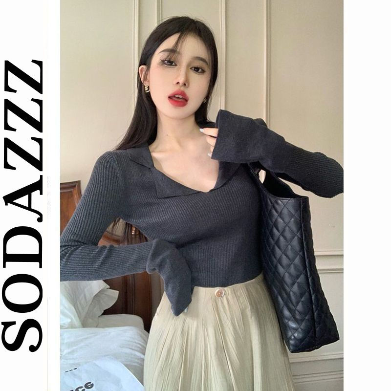 早秋灰色polo領針織長袖t恤女秋季設計感小眾正肩打底衫修身上衣