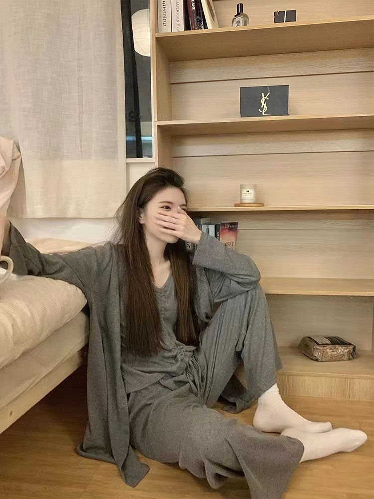 三件套睡衣女春秋季新款長袖薄款網紅高級感純棉可外穿冬天家居服