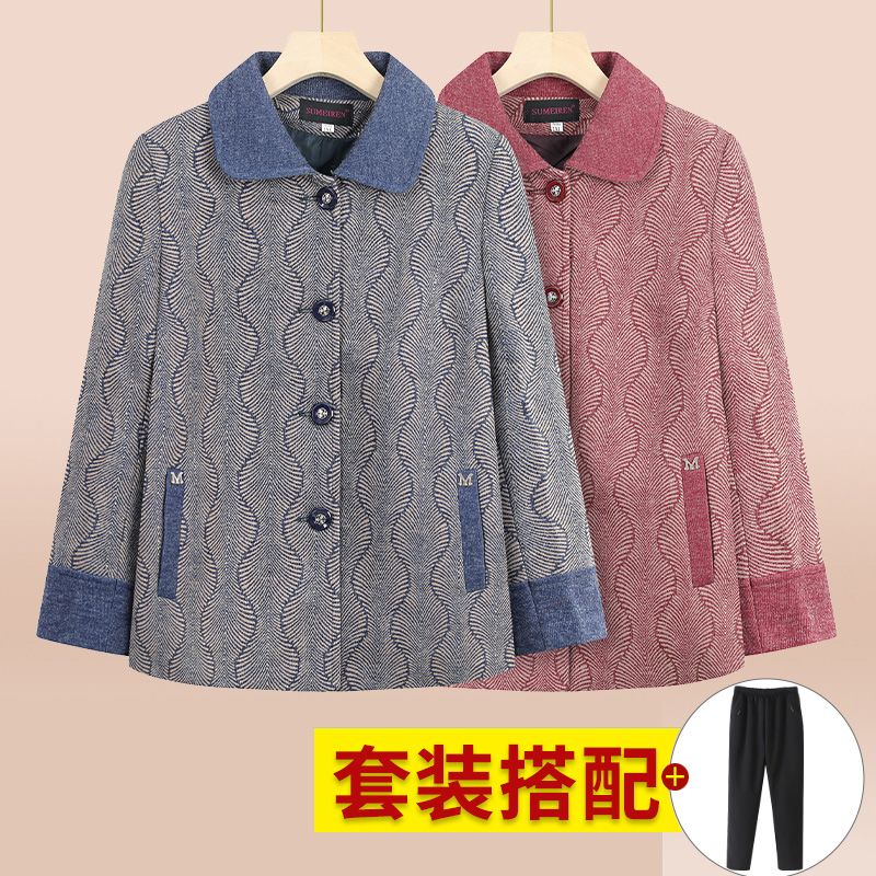 中老年人秋裝外套女奶奶春秋毛呢上衣新款老年媽媽呢子上衣服婆婆