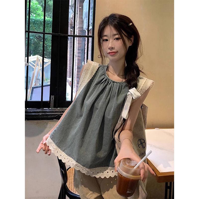 復古蕾絲拼接牛仔襯衫女夏季新款無袖寬鬆襯衣設計感顯瘦百搭上衣