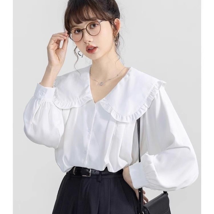 格瑞吉奧白色娃娃領襯衫女春秋新款設計感法式襯衣寬鬆氣質上衣