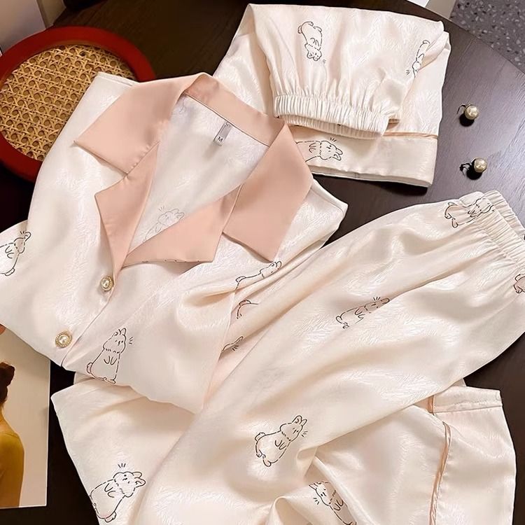 三件套高级感冰丝睡衣女夏季短袖短裤长裤丝绸甜美韩版家居服套装