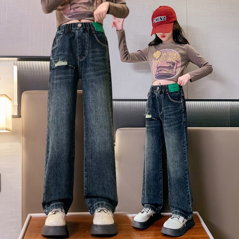 女童牛仔褲春秋2023新款中大童寬鬆直筒小學生闊腿褲兒童秋裝褲子