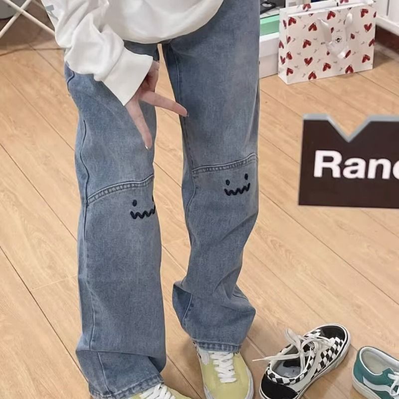 高腰牛仔褲2023年女新款大碼梨形身材胖mm寬鬆顯瘦淺色直筒闊腿褲