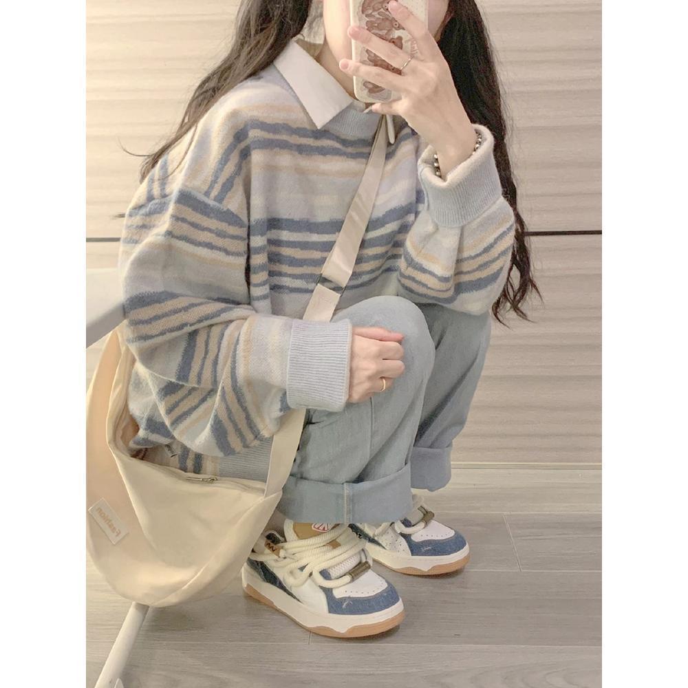 秋冬條紋混色針織毛衣女藍色復古休閒國潮嘻哈設計高級感時髦上衣