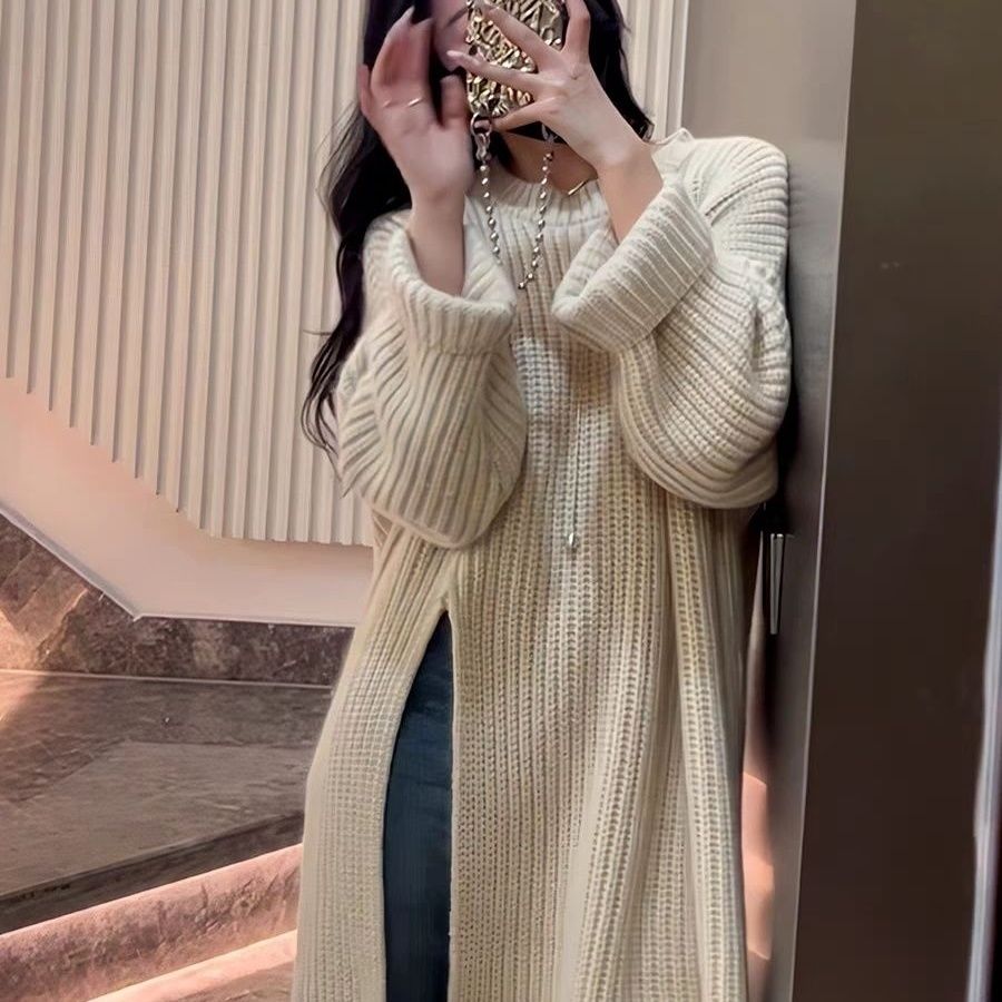 Irregular slit knitted dress for women autumn and winter round neck long loose lazy style long-sleeved sweater bottoming skirt