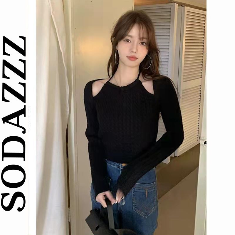 假兩件掛脖針織衫女春秋季設計感內搭百搭打底衫黑色短款長袖上衣