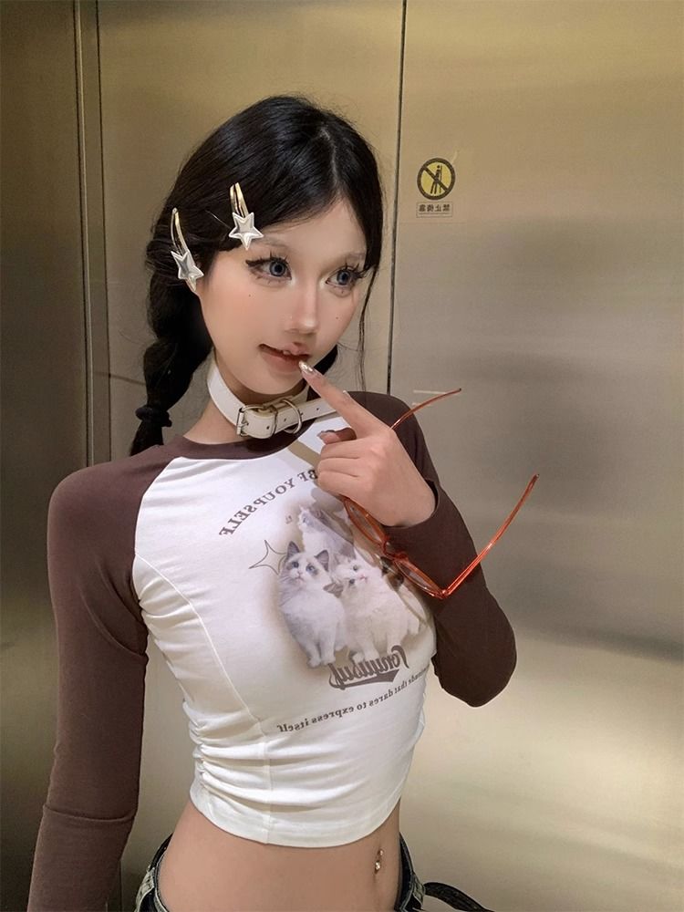 甜辣風正肩t恤女秋季貓咪印花長袖打底衫美式復古插肩袖上衣短款