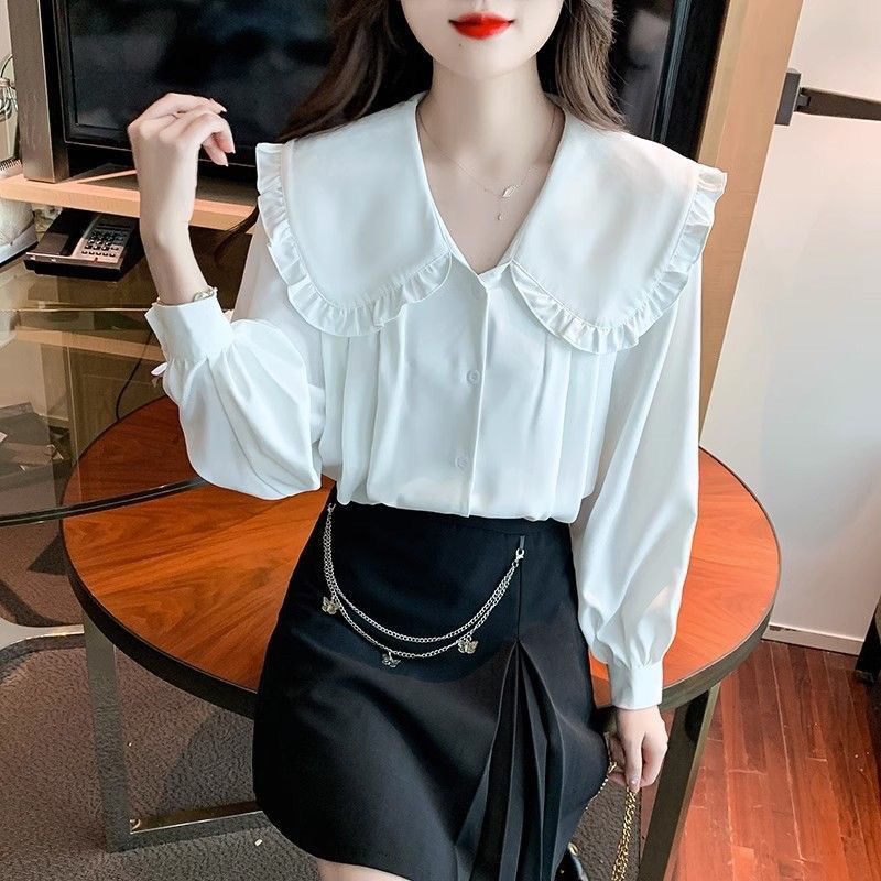 格瑞吉奧法式娃娃領白色襯衫女春秋設計感小眾百搭氣質長袖襯衣潮