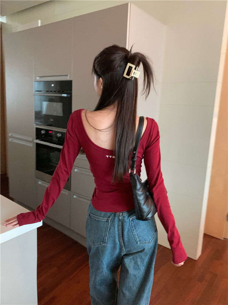 修身顯瘦不規則上衣女秋季純欲風秋季內搭字母刺繡長袖U領紅色T恤