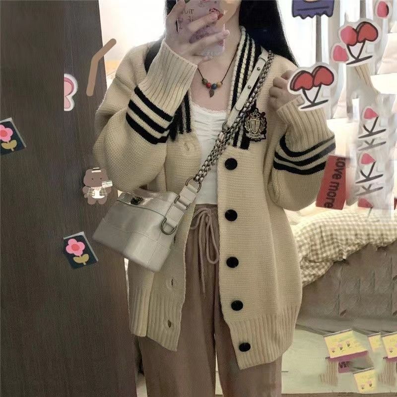 春秋新款韓系毛衣針織衫開衫女V領上衣拼色學院風寬鬆百搭外套潮