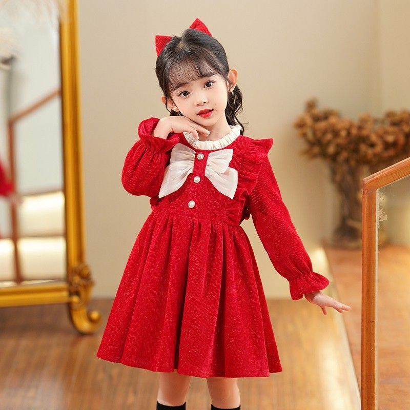Xiaoxiangfeng princess dress cute little girl skirt autumn and winter new round neck bow dress