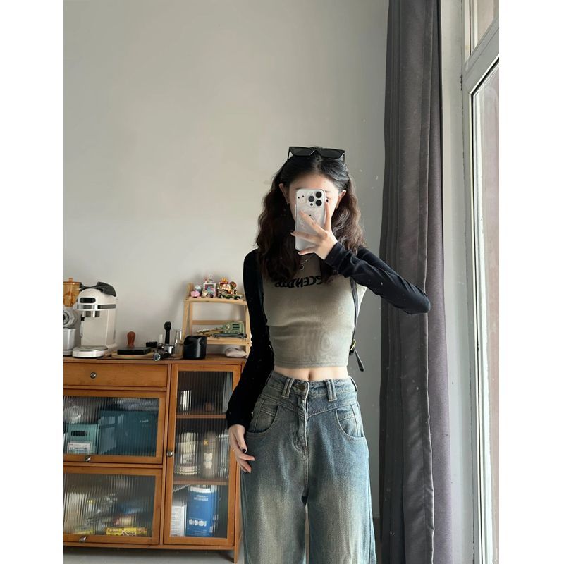 套裝女2023秋季新款純欲風辣妹短款修身T恤上衣星空紋高腰牛仔褲