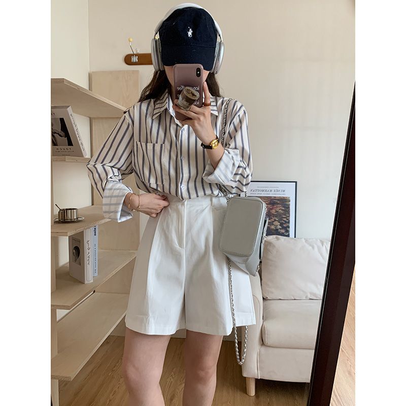 法式豎條紋襯衫早秋裝女長袖設計感寬鬆百搭疊穿韓系風格穿搭上衣