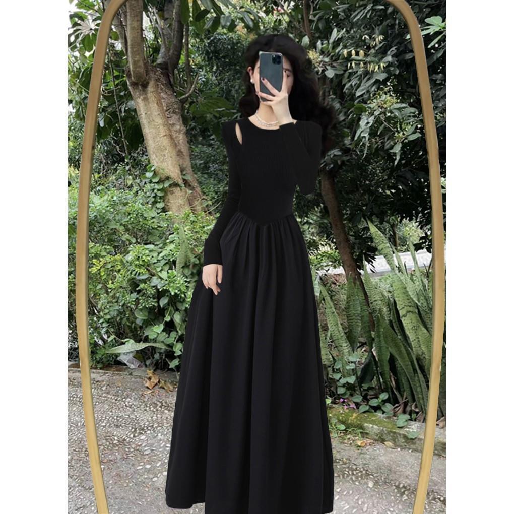 高级感黑色长袖连衣裙2023新款秋季赫本法式修身显瘦复古气质长裙
