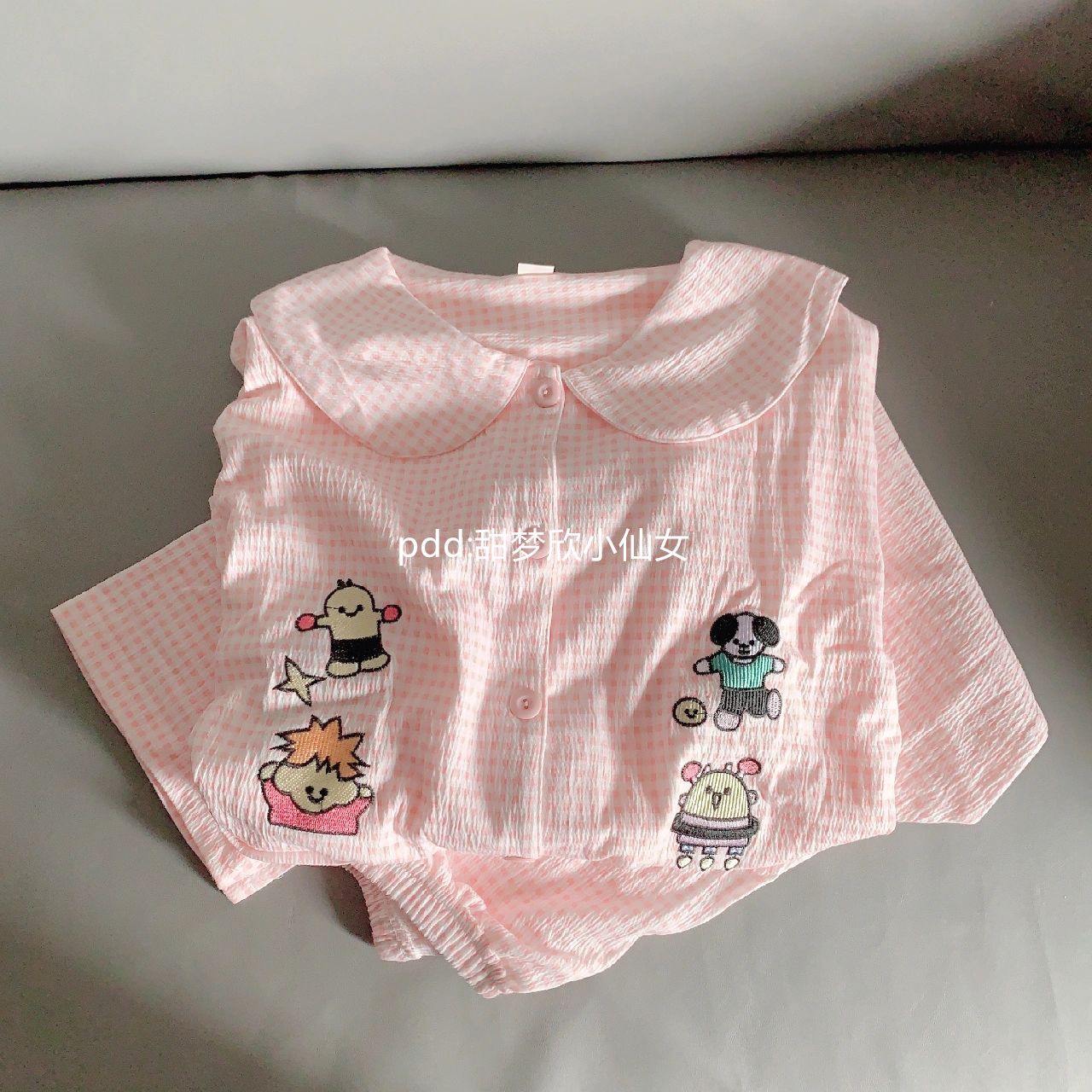 粉色格子睡衣女春秋季新款娃娃領長袖長褲學生可愛卡通家居服套裝
