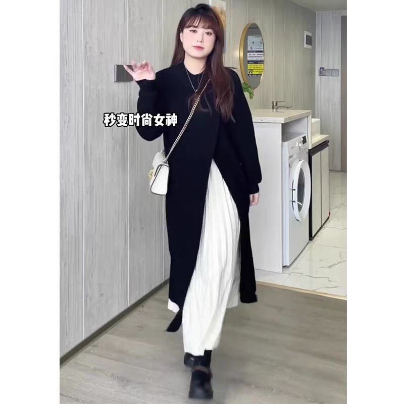 Irregular slit knitted dress for women autumn and winter round neck long loose lazy style long-sleeved sweater bottoming skirt