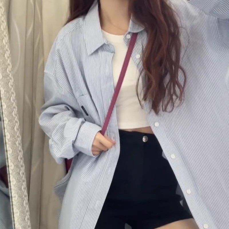 藍色條紋長袖襯衫女薄款寬鬆防曬外搭襯衣春秋新款休閒高級感上衣