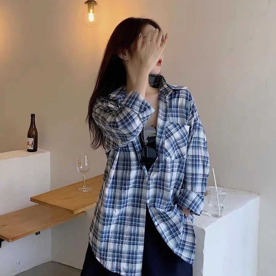 格瑞吉奧美式復古格子襯衫女春秋設計感小眾寬鬆薄款上衣外穿外套