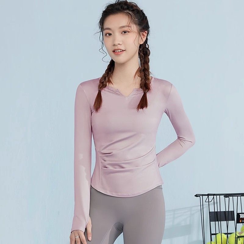 瑜伽上衣女春秋季跑步运动透气速干显瘦V领纯色长袖运动T恤健身衣