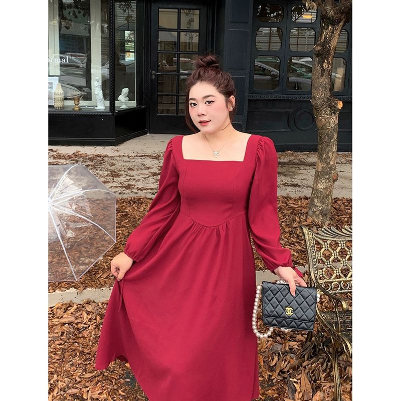 大码女装长袖连衣裙秋季新款法式红色敬酒服裙子显瘦遮肉微胖