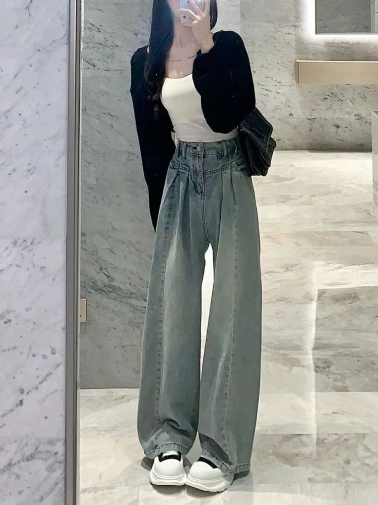 淺色水洗大闊腿牛仔褲女秋季新款高腰寬鬆遮肉顯瘦直筒拖地褲子潮