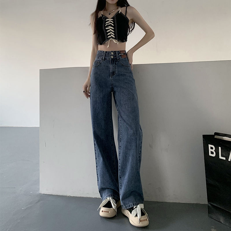 闊腿牛仔褲女2023年新款秋季高腰寬鬆顯瘦百搭復古直筒闊腿褲
