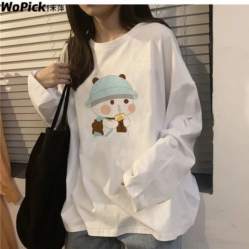 長袖白色t恤女春秋學生韓版寬鬆小熊圓領內搭百搭打底衫甜辣上衣