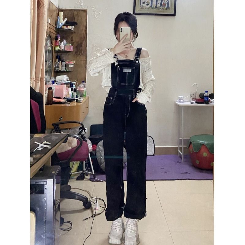 鹽系牛仔背帶褲女寬鬆減齡設計感高腰日系復古直筒闊腿拖地牛仔褲