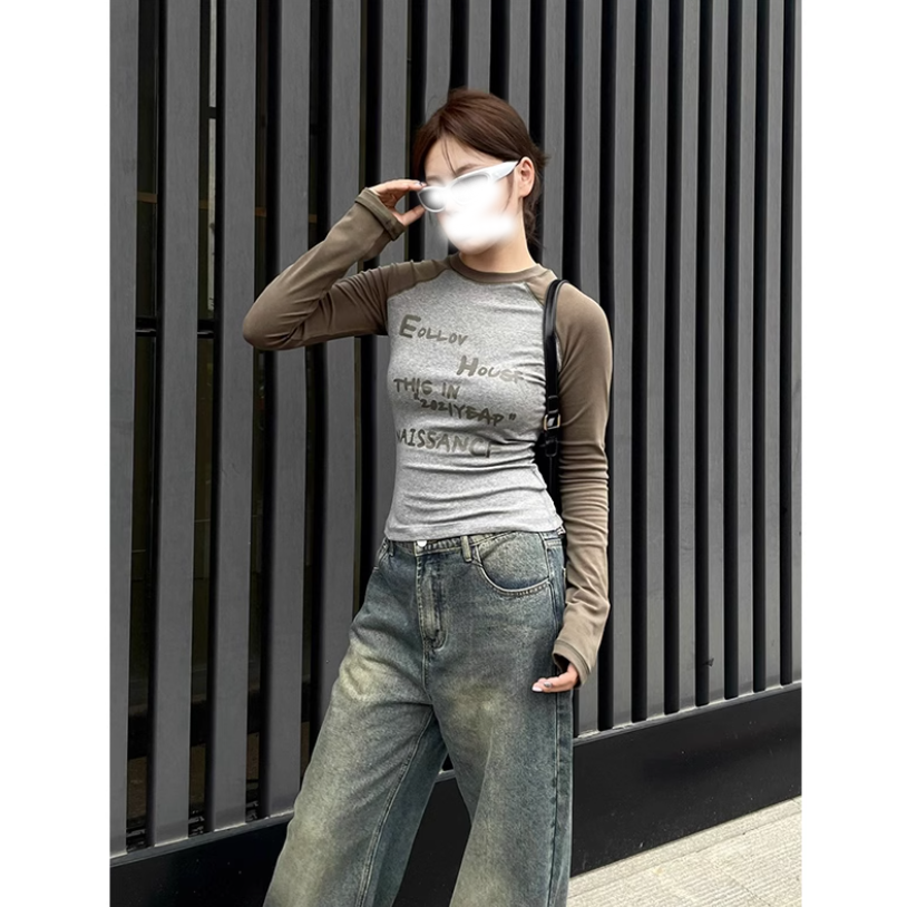 2023年美式插肩袖長袖女早秋季塗鴉印花修身顯瘦圓領T恤辣妹上衣