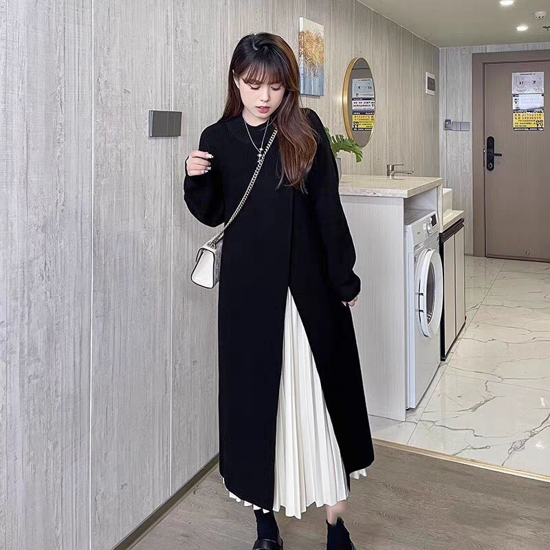 Irregular slit knitted dress for women autumn and winter round neck long loose lazy style long-sleeved sweater bottoming skirt