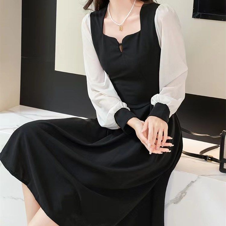 女神范氣質赫本拼接撞色連衣裙女大碼夏季新款防曬洋氣別致中長裙