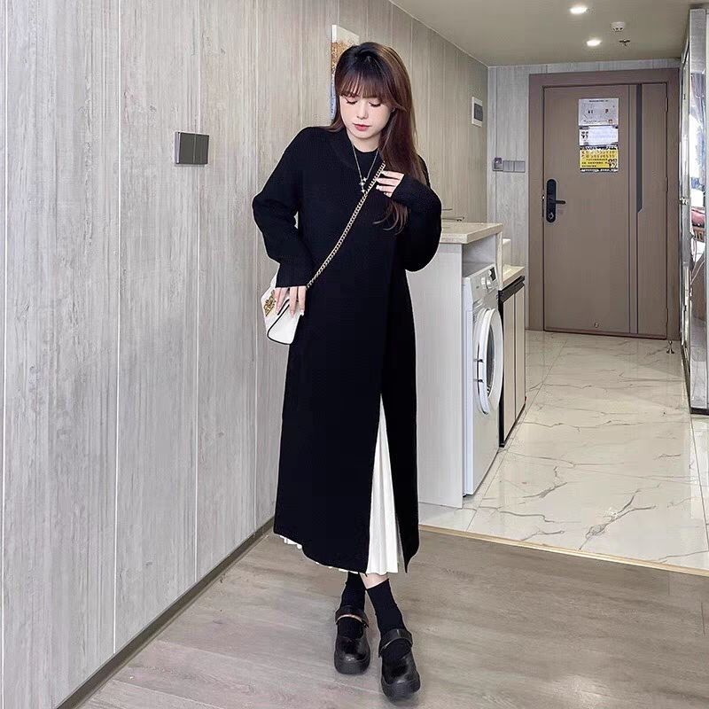 Irregular slit knitted dress for women autumn and winter round neck long loose lazy style long-sleeved sweater bottoming skirt